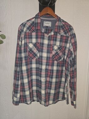 Men's Casual Plaid Button-Down Shirt - Red, Navy & White